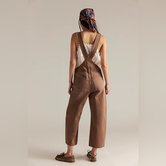 $250 FREE PEOPLE Chocolate Brown Denim Deep Trance Overall Jumpers Large New - Picture 3 of 5